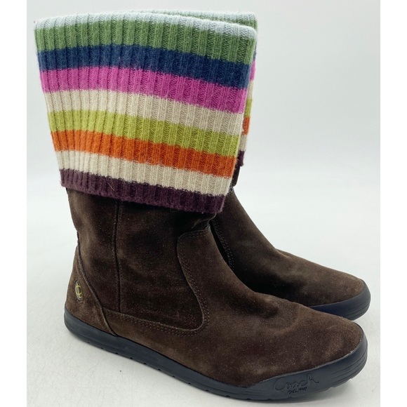 Coach Tatum Boots Womens Size 7 Dark Brown Leather Wool Striped Pull On - Picture 1 of 6